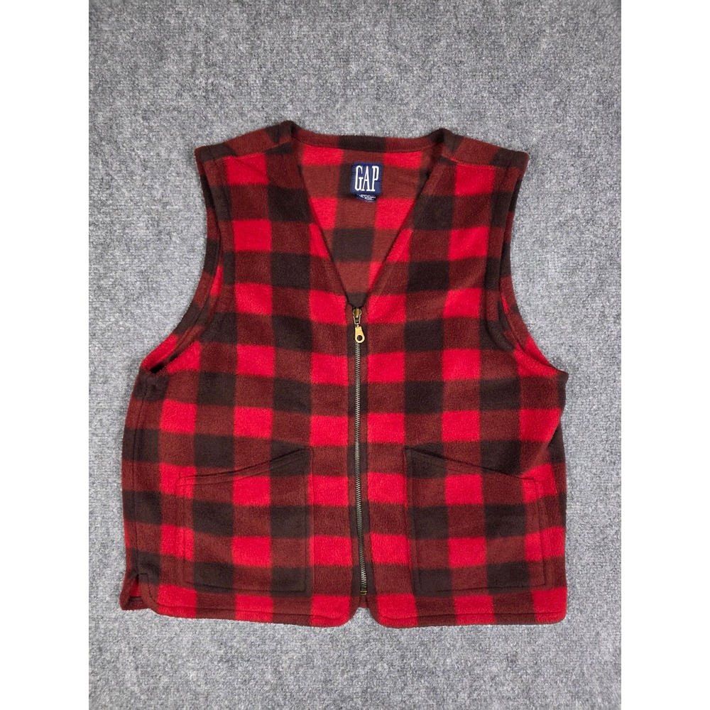 Gap Fleece‎ Vest Mens XL Red Buffalo Plaid Full Zip Sleeveless Jacket Pockets